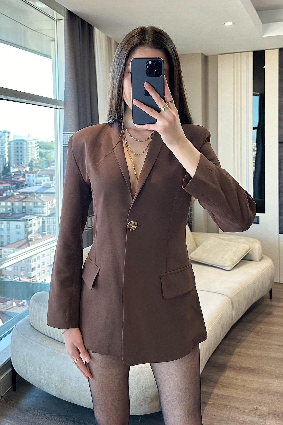 GOLD DÜĞMELİ BLAZER CEKET-Kahve 
