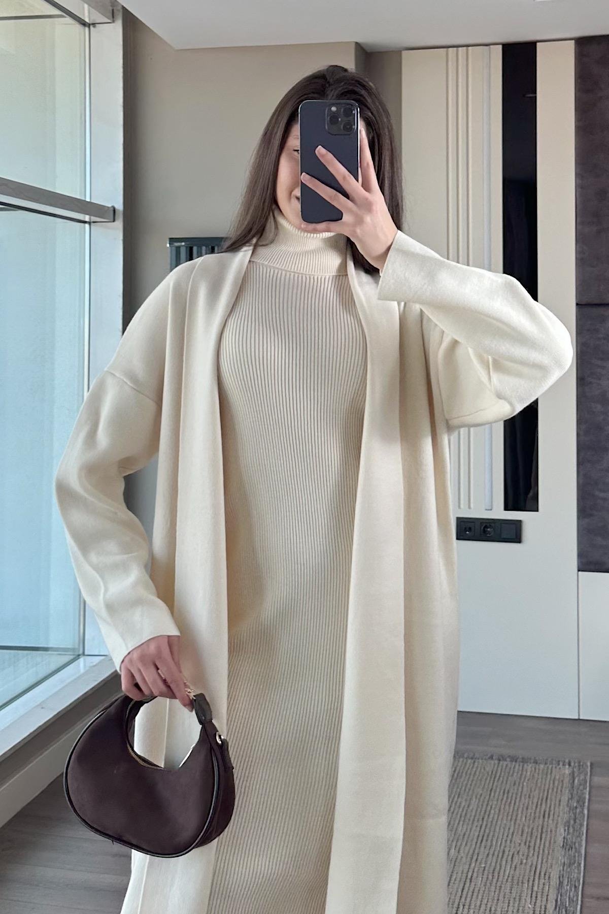 HIRKALI TRİKO ELBİSE-ekru