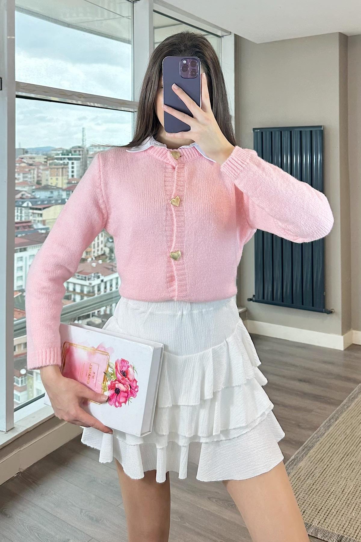 KALP DÜĞMELİ TRİKO HIRKA-pembe