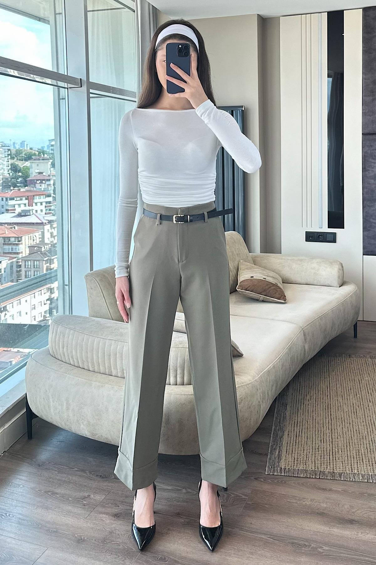 KEMERLİ DOUBLE PAÇA PANTOLON-Yeşil
