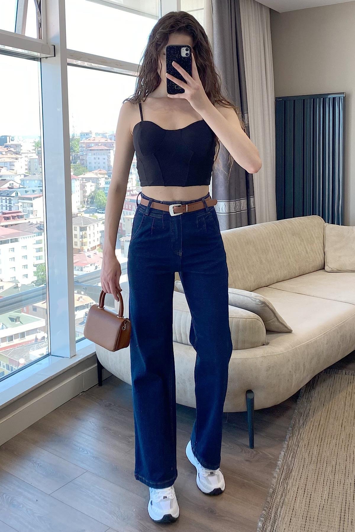 KEMERLİ PALAZZO KOT PANTOLON-lacivert 