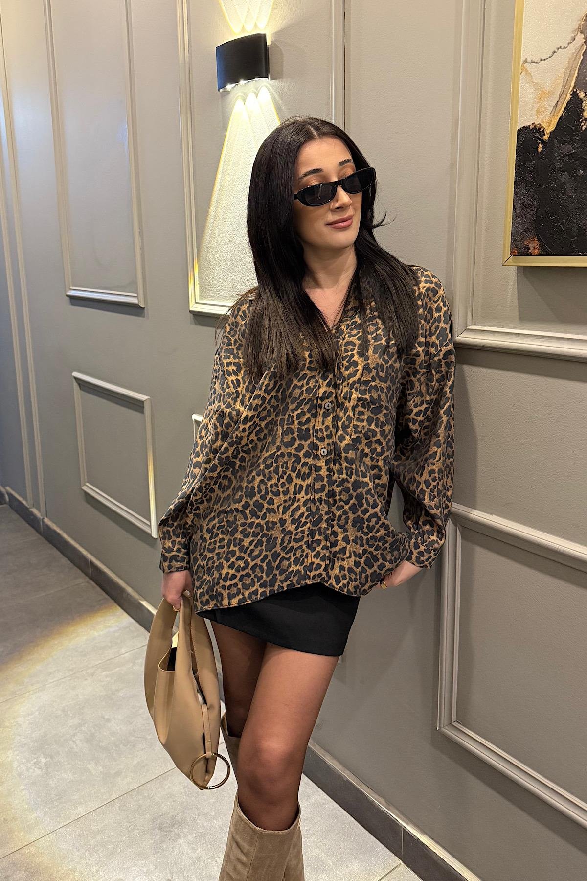 LEOPAR DESEN OVERSİZE GÖMLEK-Kahve