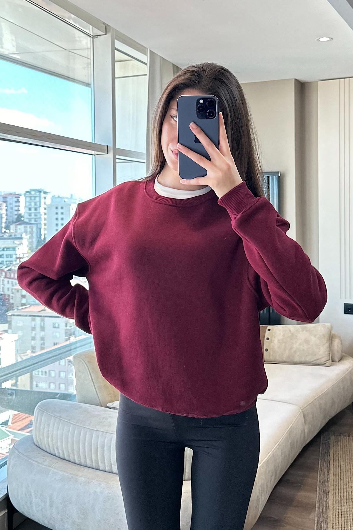 LİORA BİSİKLET YAKA ŞARDONLU SWEAT-Bordo
