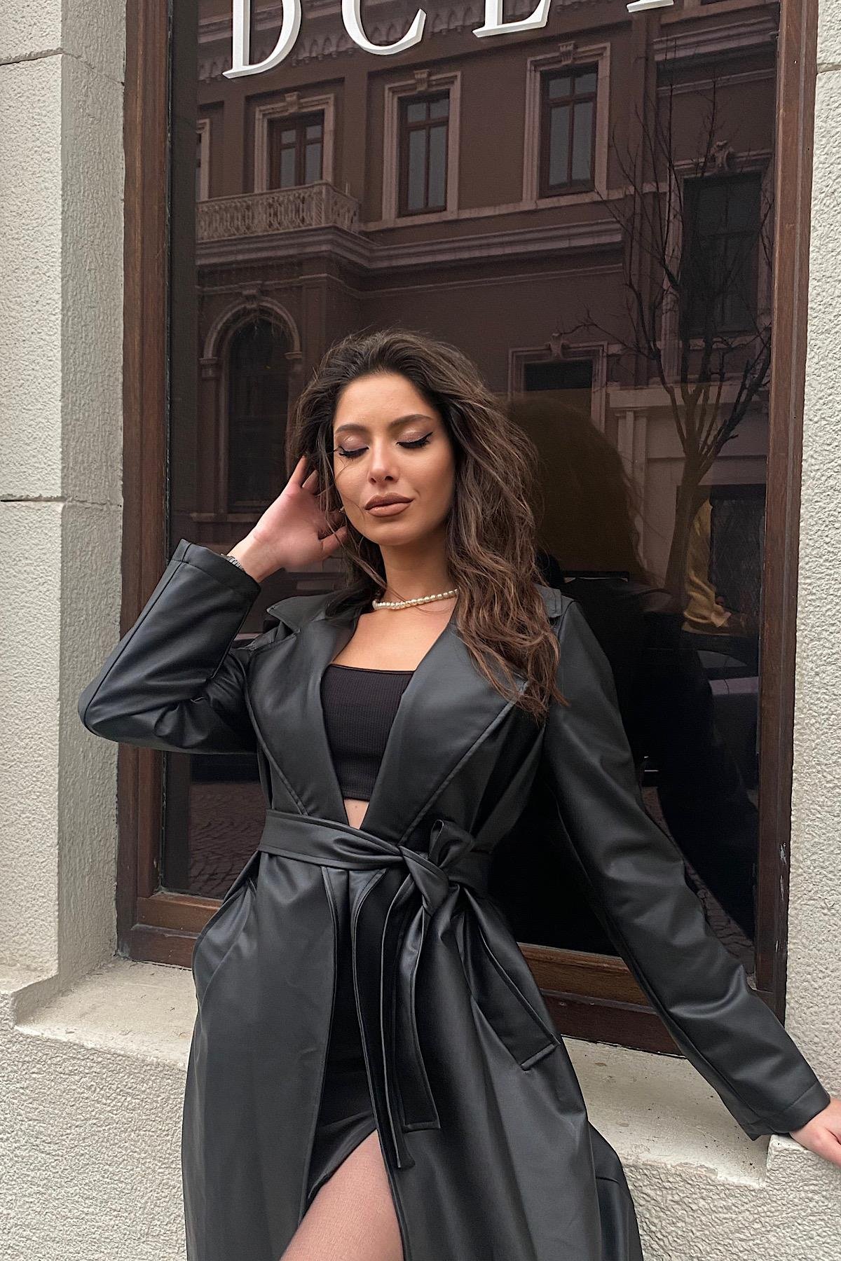 LORE KUŞAKLI DERİ TRENÇ-Siyah