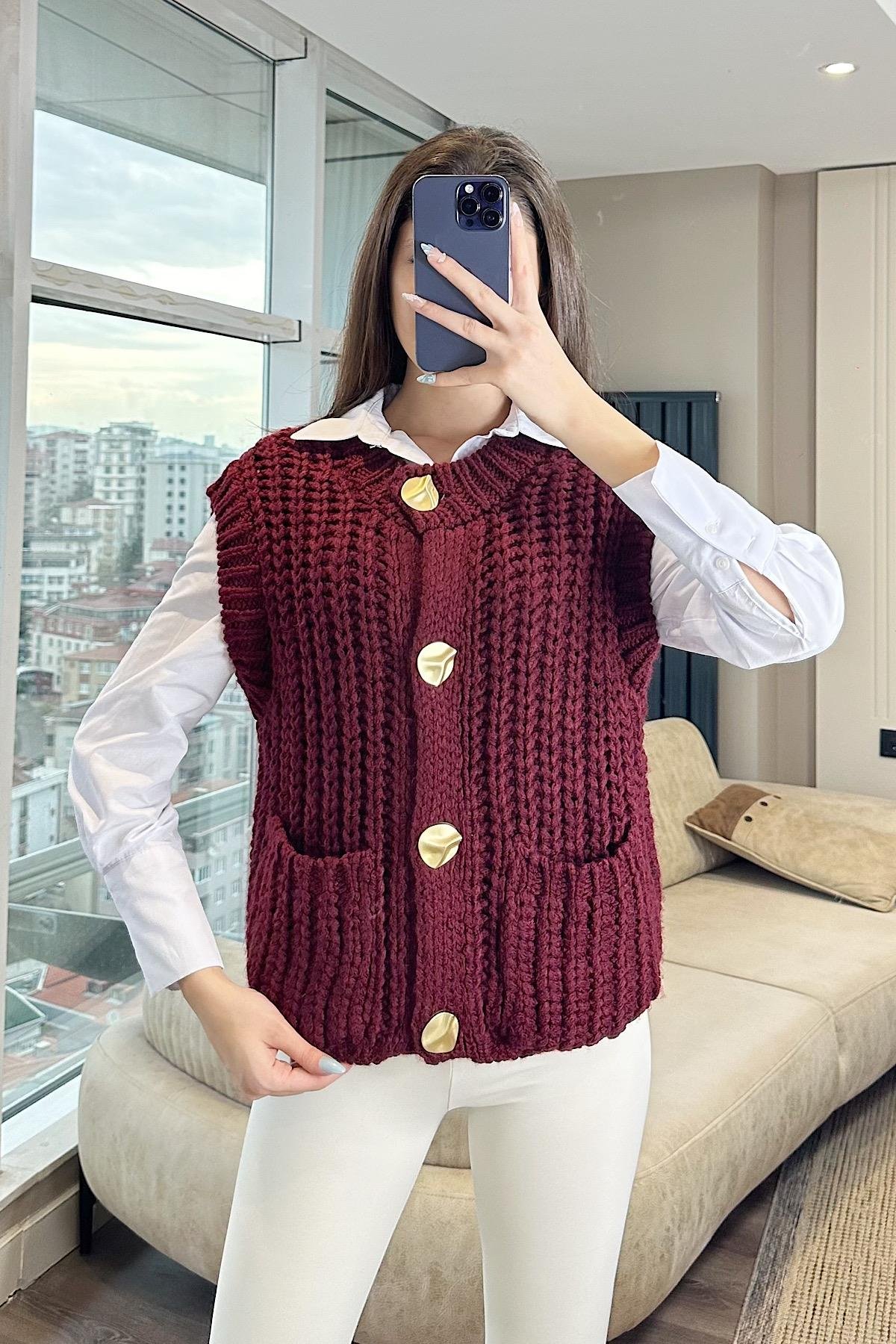 ORVA GOLD DÜĞMELİ ÖRGÜ YELEK-Bordo 