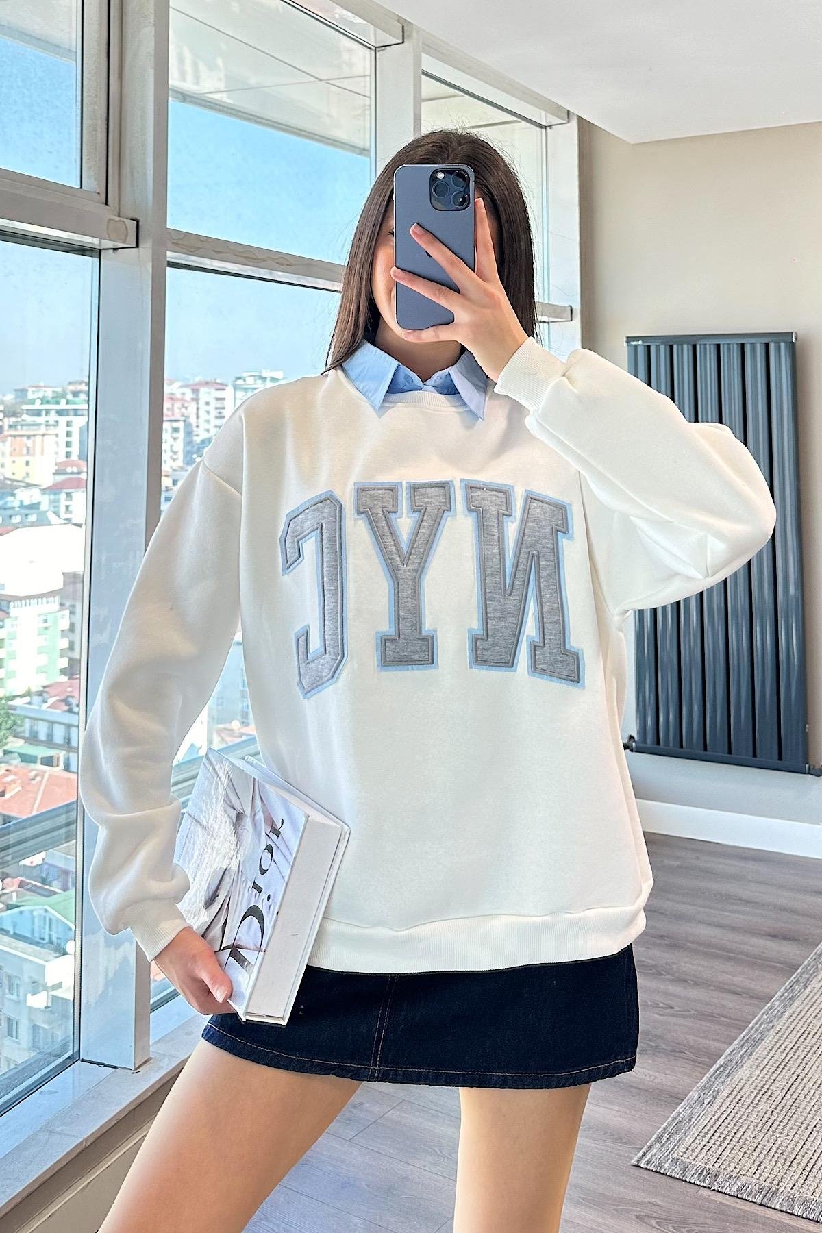 RAYN GÖMLEK YAKA ŞARDONLU SWEAT-Beyaz