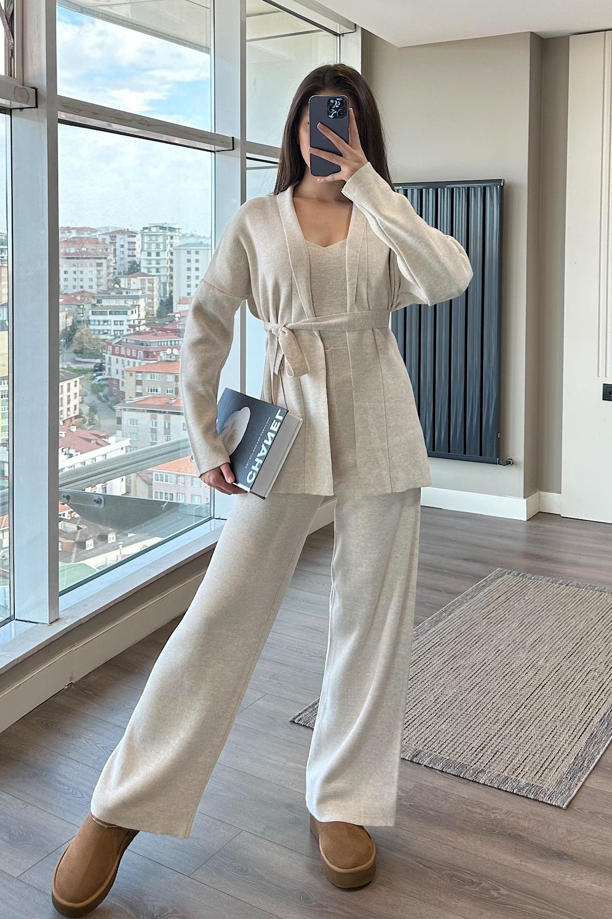 ÜÇLÜ TRİKO TAKIM - bej 