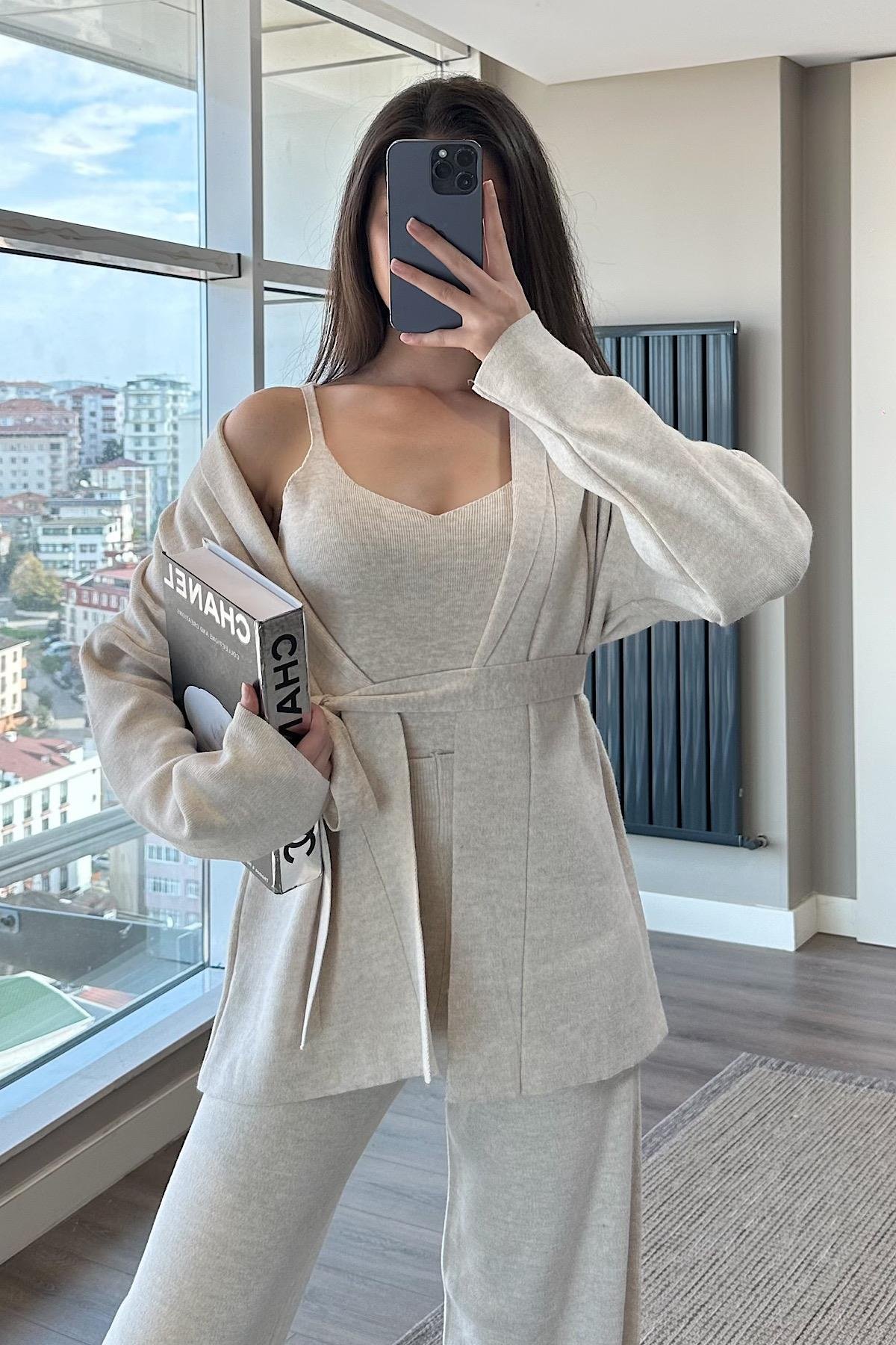 ÜÇLÜ TRİKO TAKIM - bej 