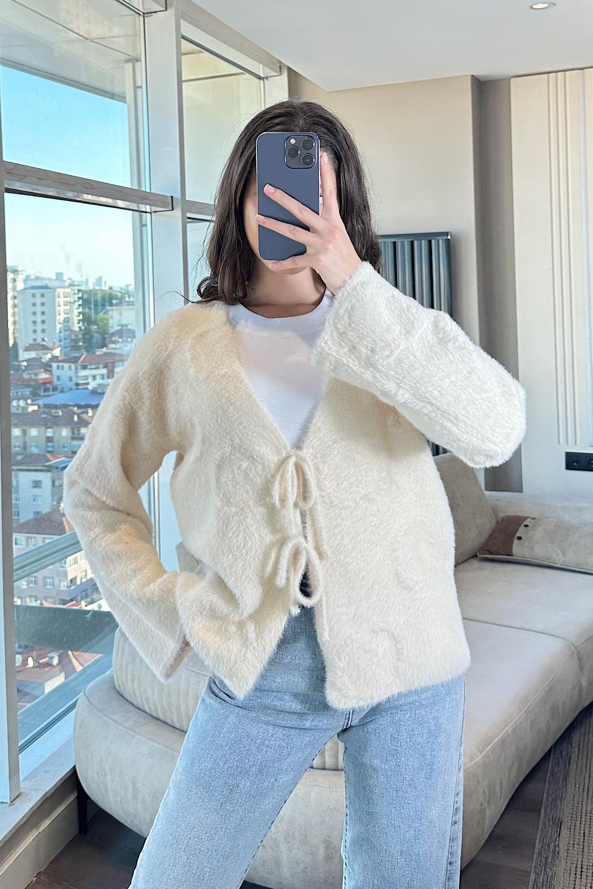 VANE BAĞLAMALI YUMOŞ KİMONO-Ekru