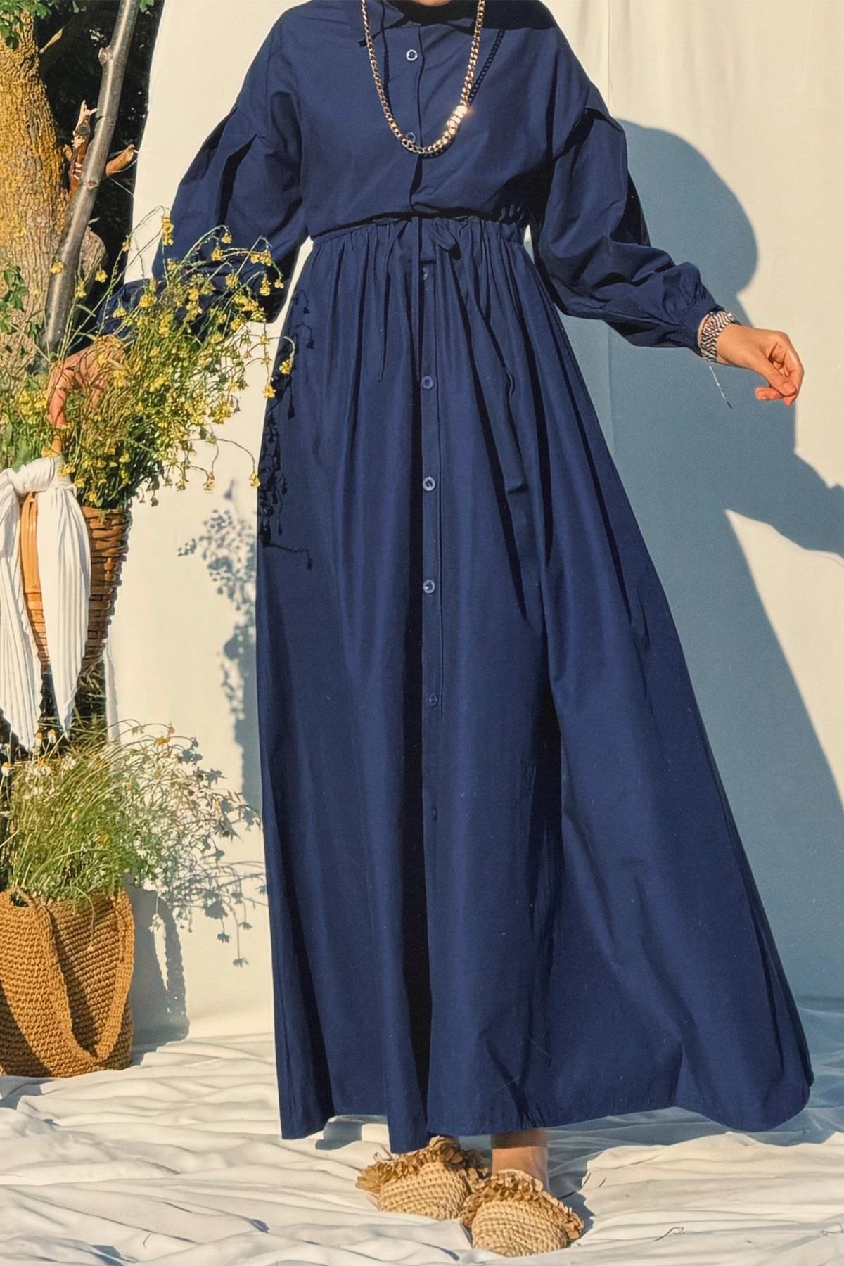 FLORA PAMUKLU POPLİN ELBİSE LACİVERT