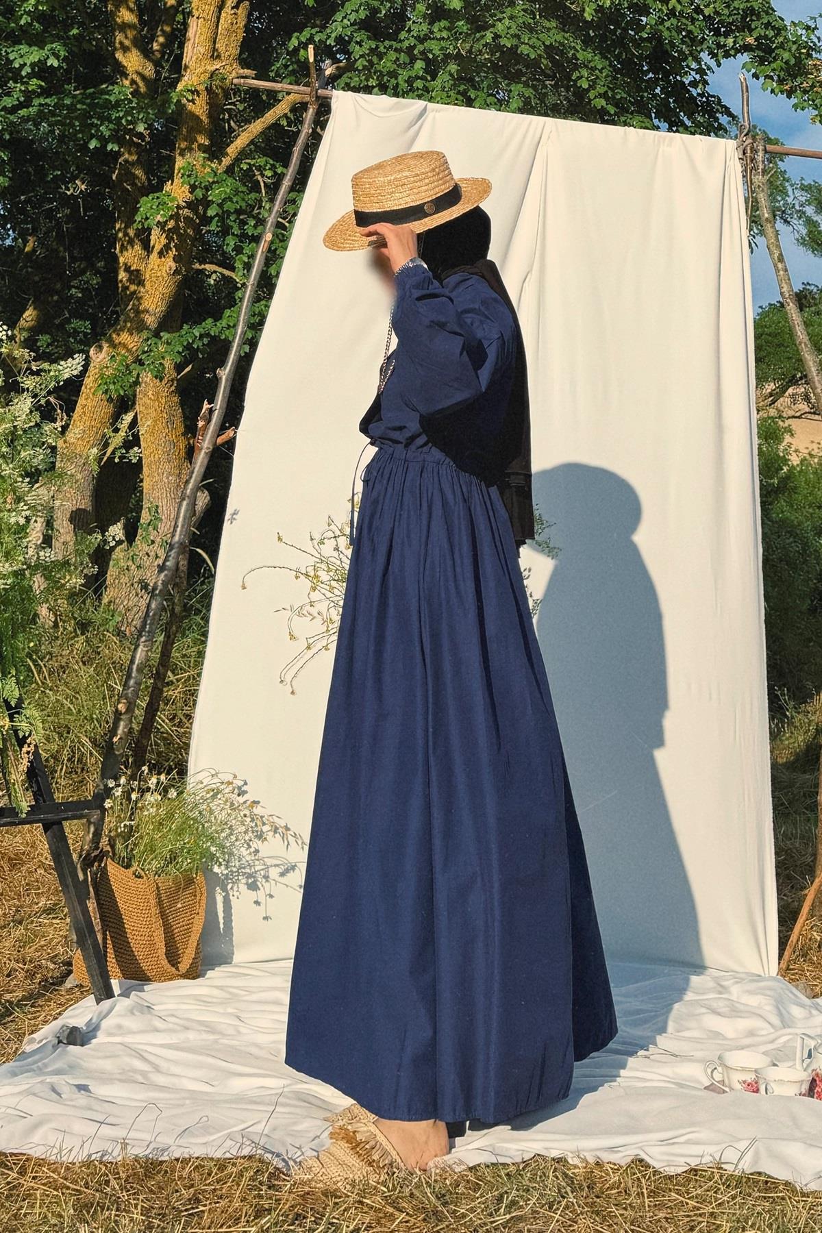FLORA PAMUKLU POPLİN ELBİSE LACİVERT