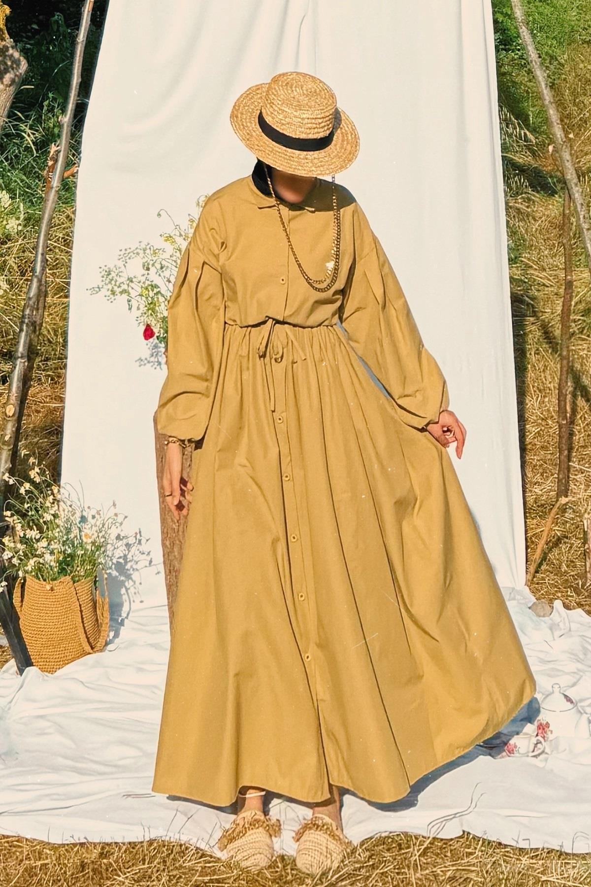 FLORA PAMUKLU POPLİN ELBİSE YAĞ YEŞİLİ