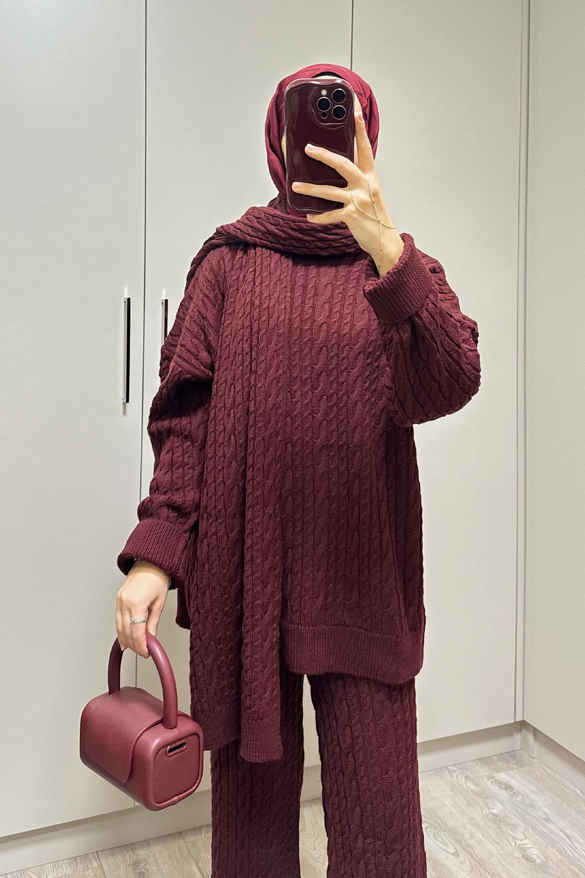 SAÇ ÖRGÜ ATKILI TRİKO TAKIM BORDO