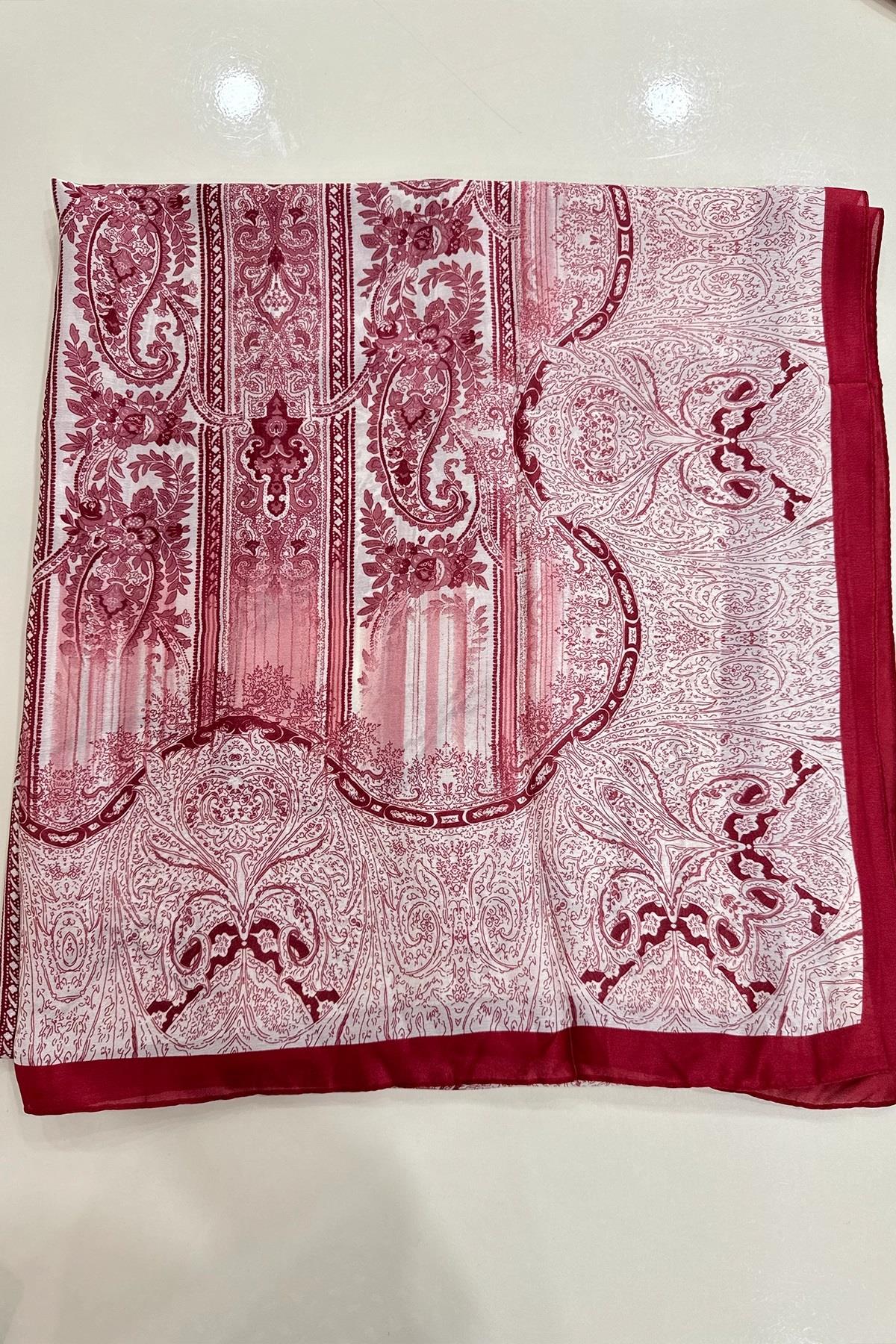 VUAL İPEK ETRO DESEN ŞAL BORDO