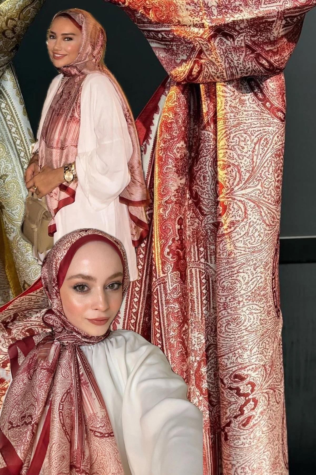 VUAL İPEK ETRO DESEN ŞAL BORDO