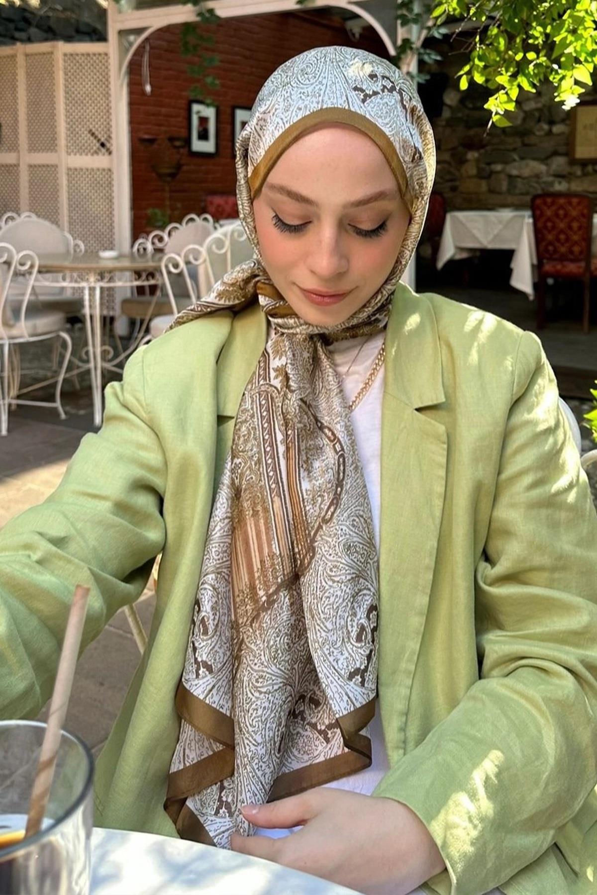VUAL İPEK ETRO DESEN ŞAL YAĞ YEŞİLİ