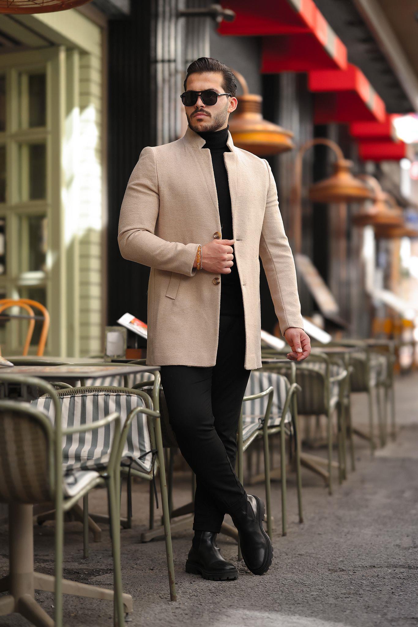 Slim Fit Kaşe Kaban Bej