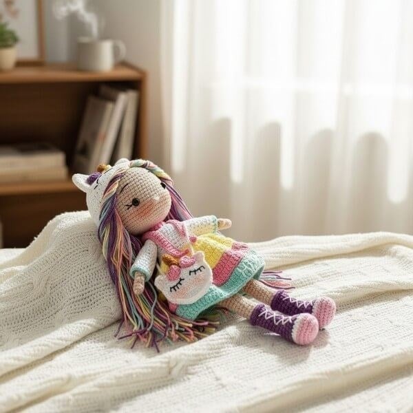 Amigurumi Unicorn Kostümlü Bebek 30 cm – El Yapımı Örgü Oyuncak