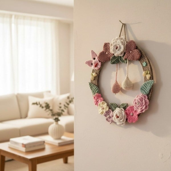 Boho El Örgüsü Çiçekli Kedi Figürlü Kapı Süsü