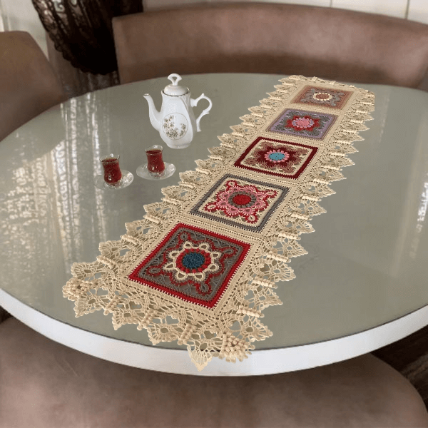 El Yapımı Motifli Dantel Runner | 30x120 cm Örgü | Renkli Masa Örtüsü