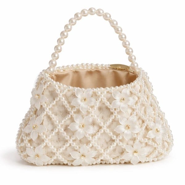 Floral Lattice El Yapımı İnci Örgü Çiçek Detaylı Couture Top Handle Çanta