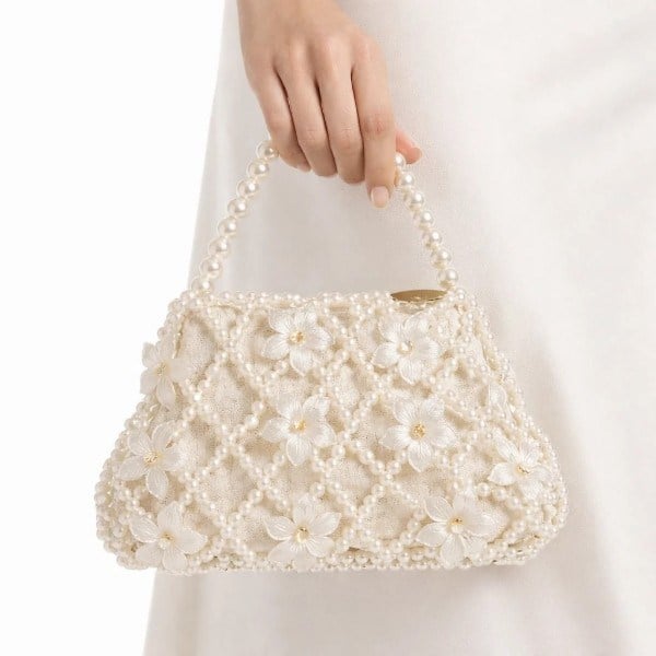 Floral Lattice El Yapımı İnci Örgü Çiçek Detaylı Couture Top Handle Çanta