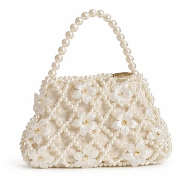 Floral Lattice El Yapımı İnci Örgü Çiçek Detaylı Couture Top Handle Çanta
