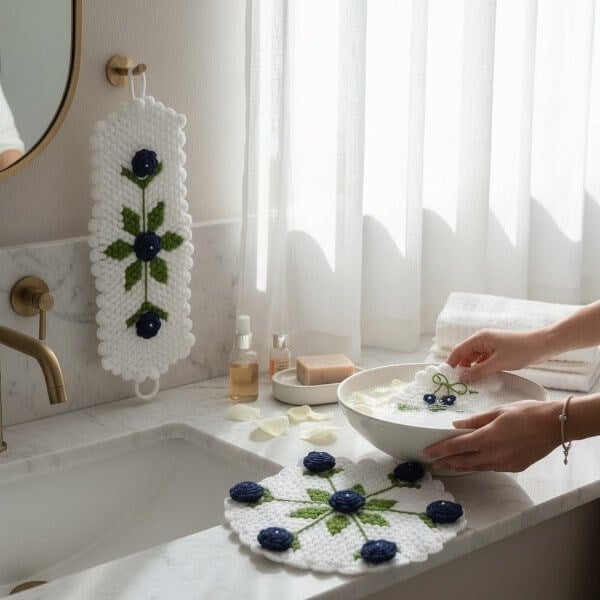 Lacivert çiçek desenli banyo seti