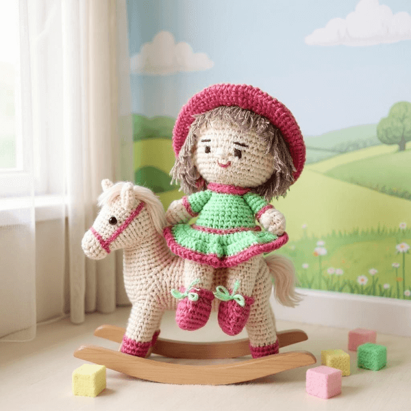 Yeşil Elbiseli Örgü Bebek 20 Cm