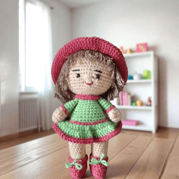 Yeşil Elbiseli Örgü Bebek 20 Cm