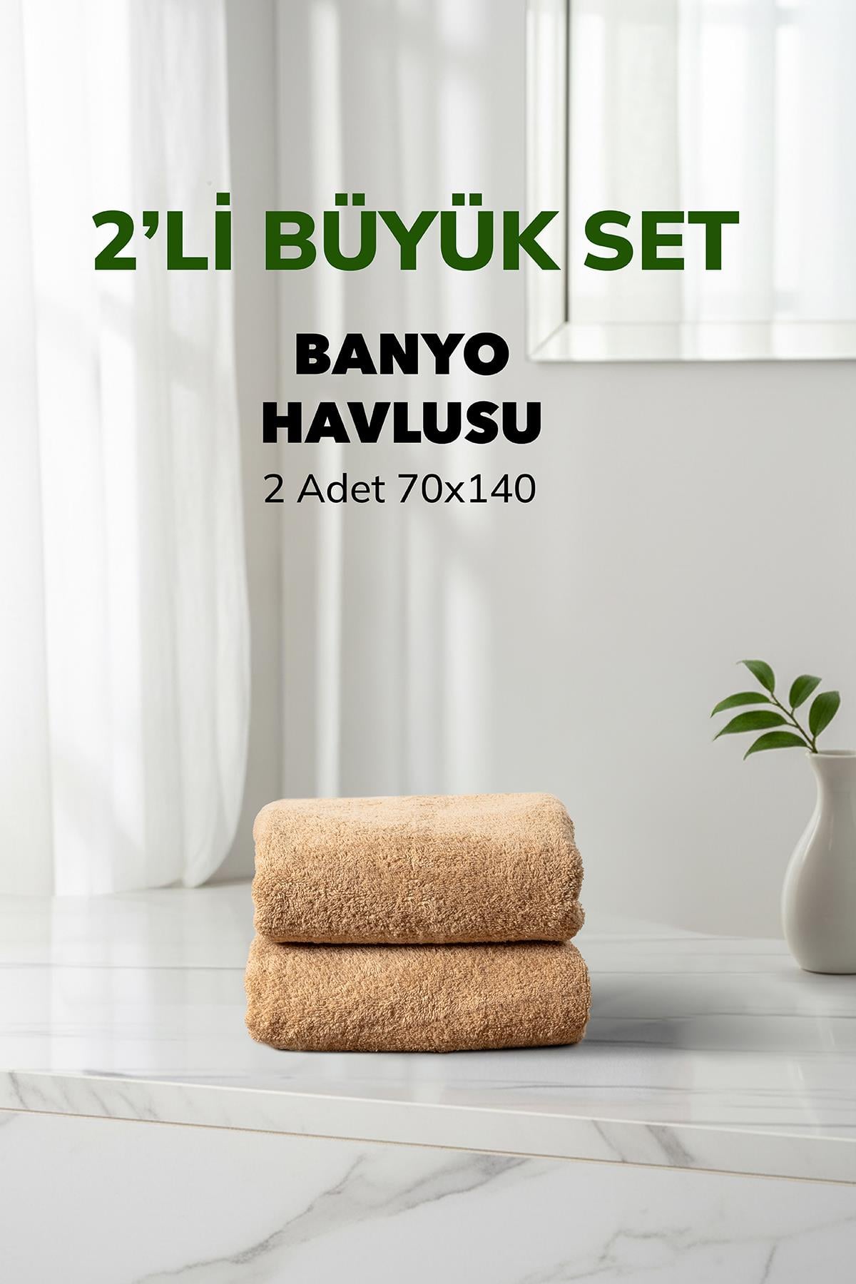 2 li Çizgili Bej Renk Yumuşak Pamuk Banyo Havlu Seti 70x140 cm