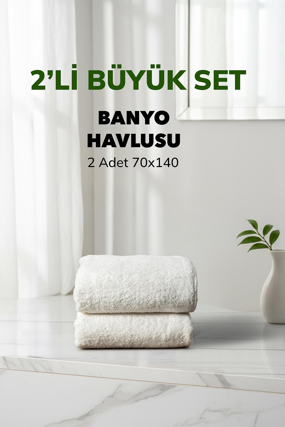 2 li Çizgili Beyaz Renk Yumuşak Pamuk Banyo Havlusu Seti 70x140 cm