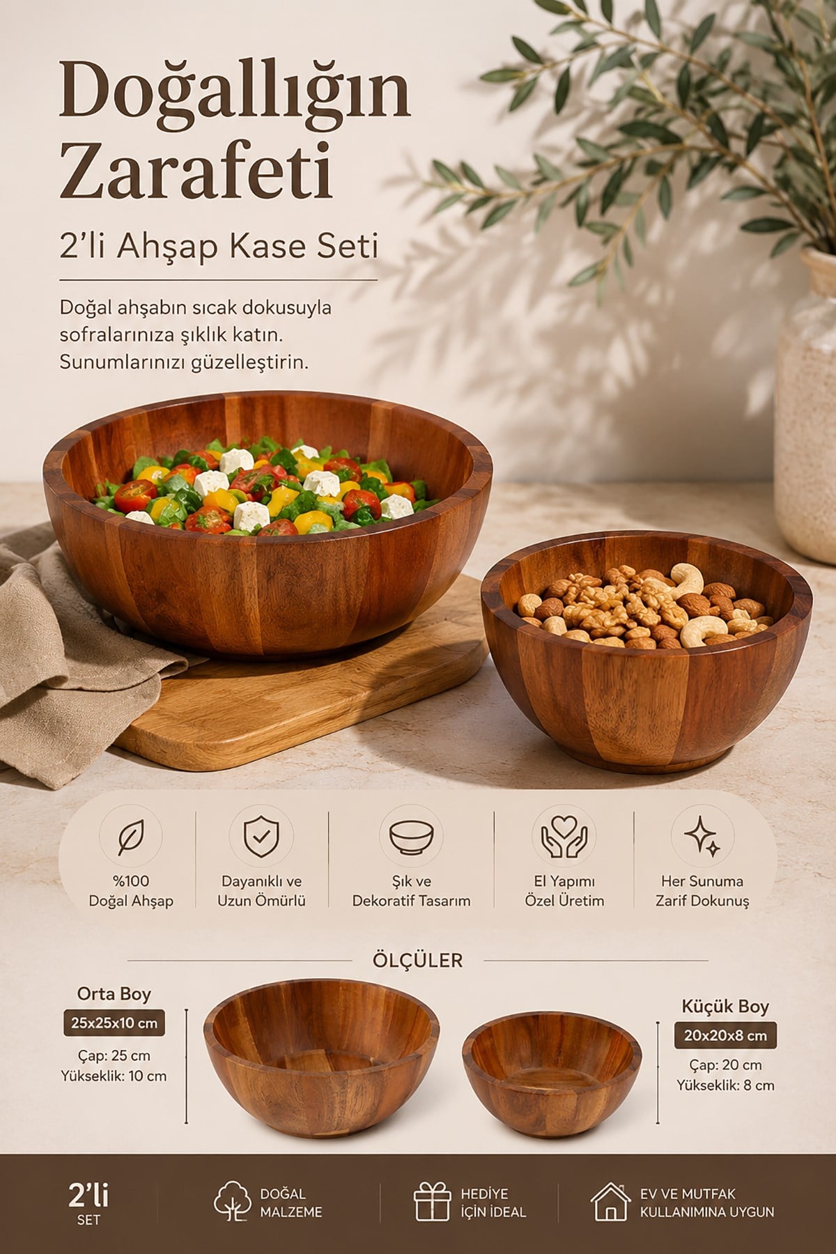 Akasia 2 Adet Ahşap Kase Seti Küçük ve Orta Boy Salata Meyve Çerez Sunum Kasesi