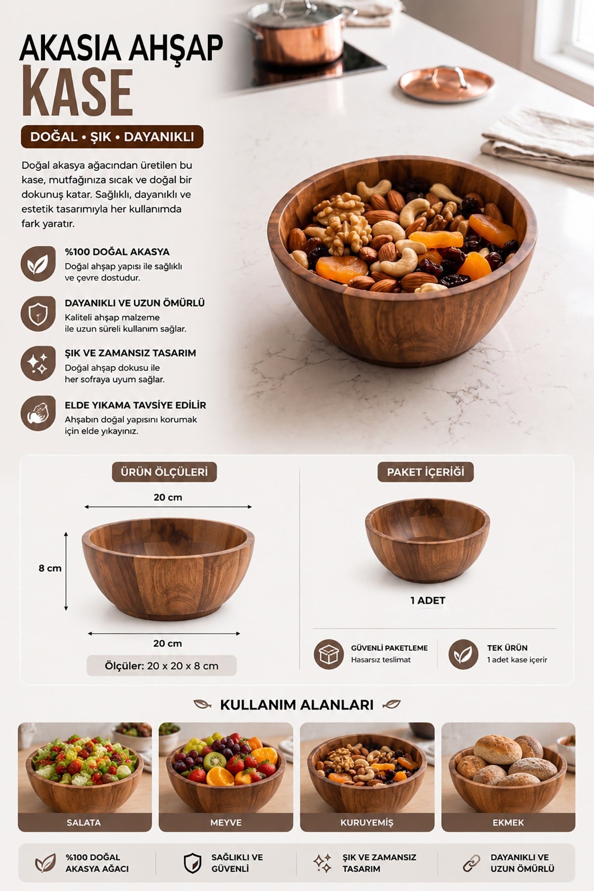 Akasia CA003M Küçük Boy Ahşap Kase Salata Meyve Çerez Sunum Kasesi