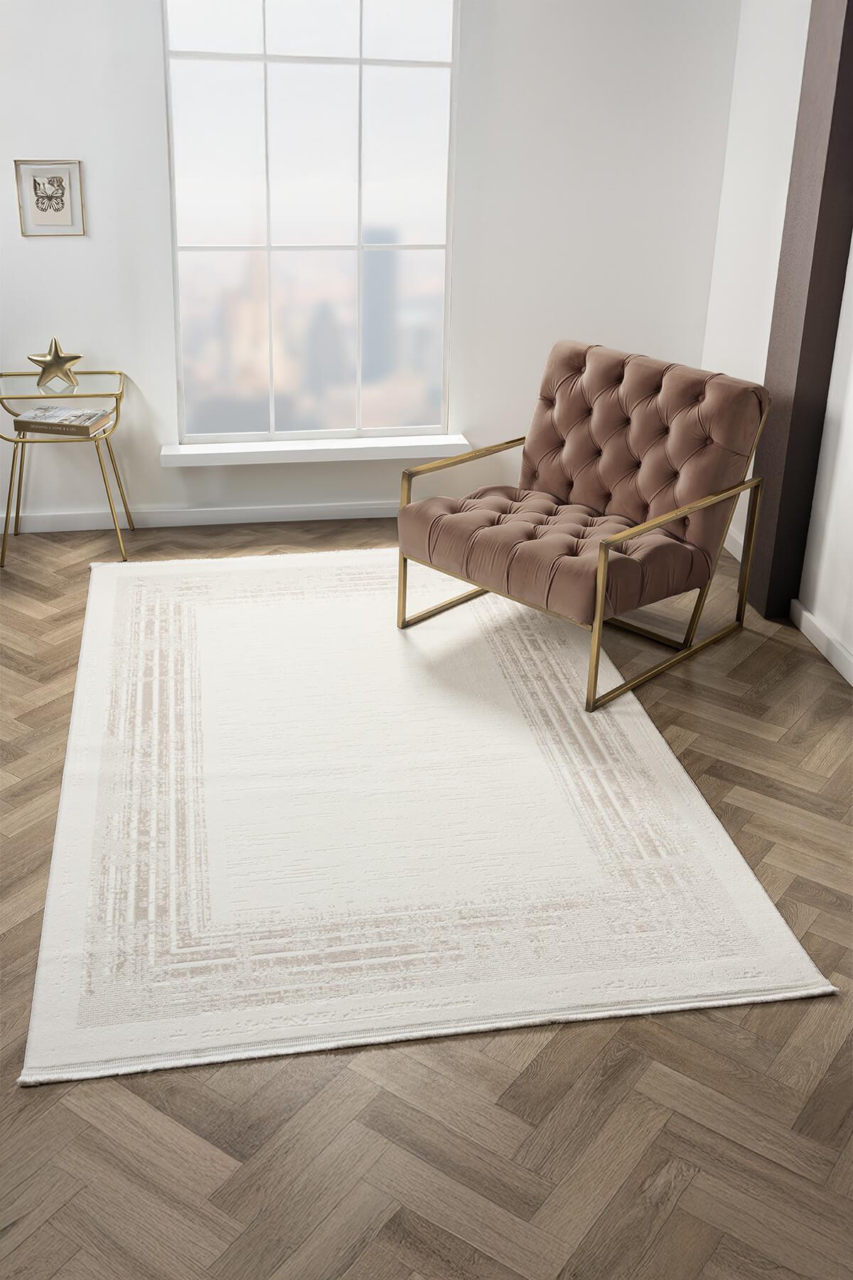Armony Ar008a Beyaz Halı Modern Desenli Çerçeveli Akrilik Pamuk Taban