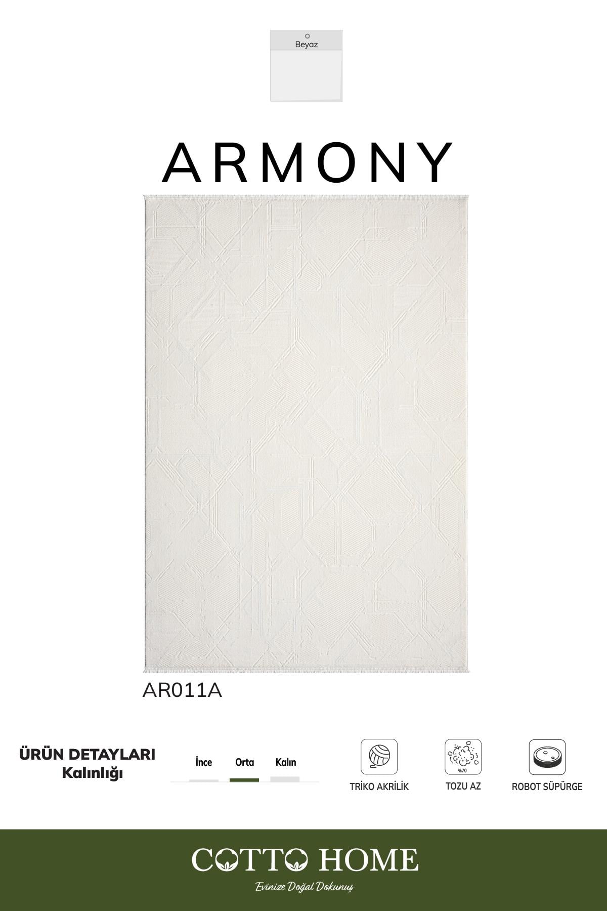 Armony Ar011a Beyaz Halı Modern Desenli Akrilik Pamuk Taban