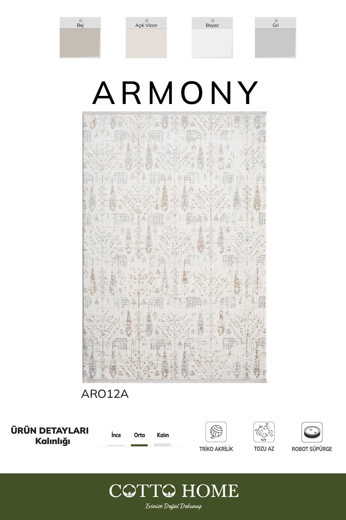 Armony Ar012a Beyaz Halı Modern Desenli Akrilik Pamuk Taban