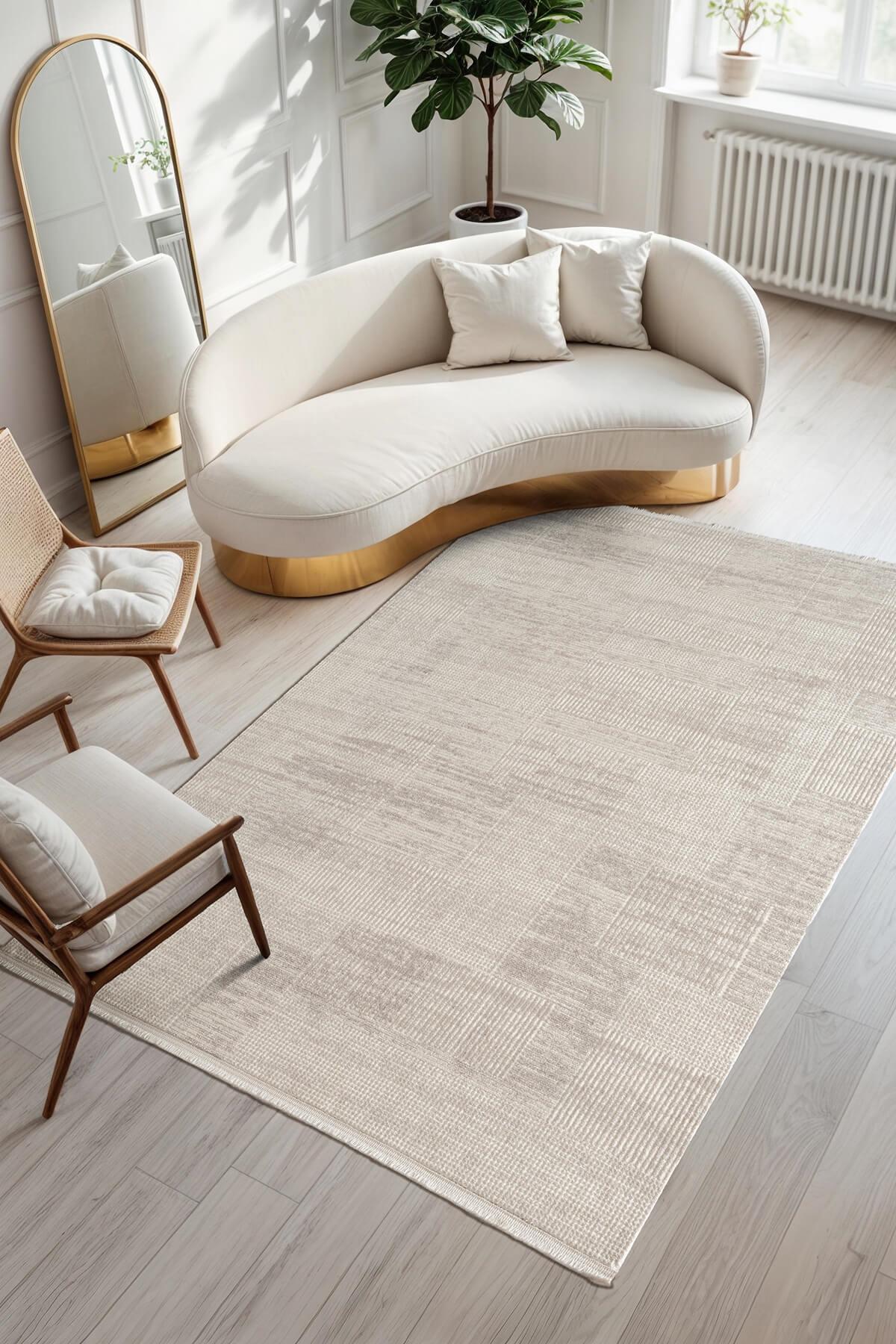 Armony Ar014g Beyaz Halı  Bej Detaylı Modern Desen Akrilik Pamuk Taban Tozu Az Salon Halısı Koridor