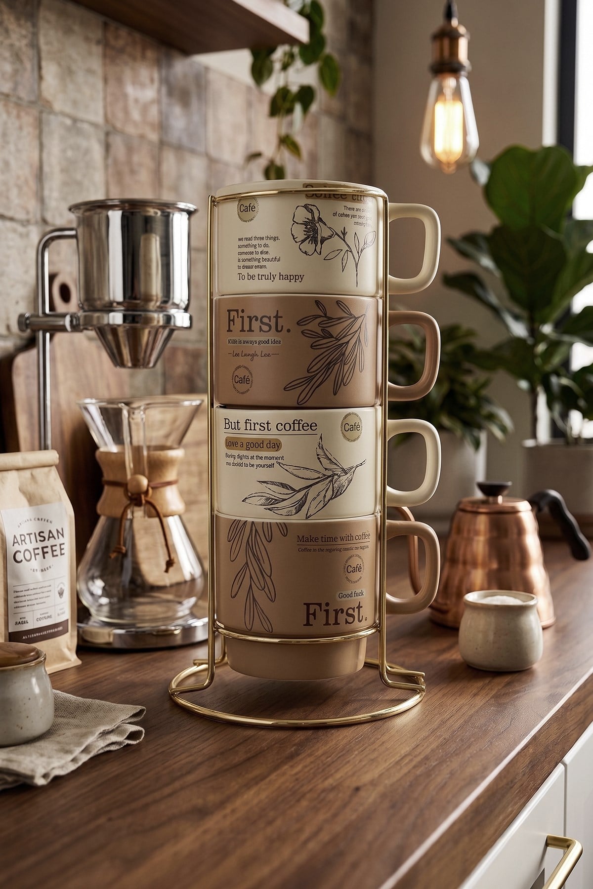 Bistro Metal Standlı 4 Adet Porselen Kupa Seti 200 ml Kahve Çay Fincanı Takımı