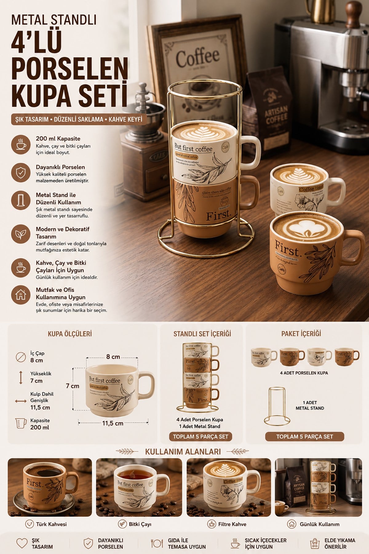Bistro Metal Standlı 4 Adet Porselen Kupa Seti 200 ml Kahve Çay Fincanı Takımı