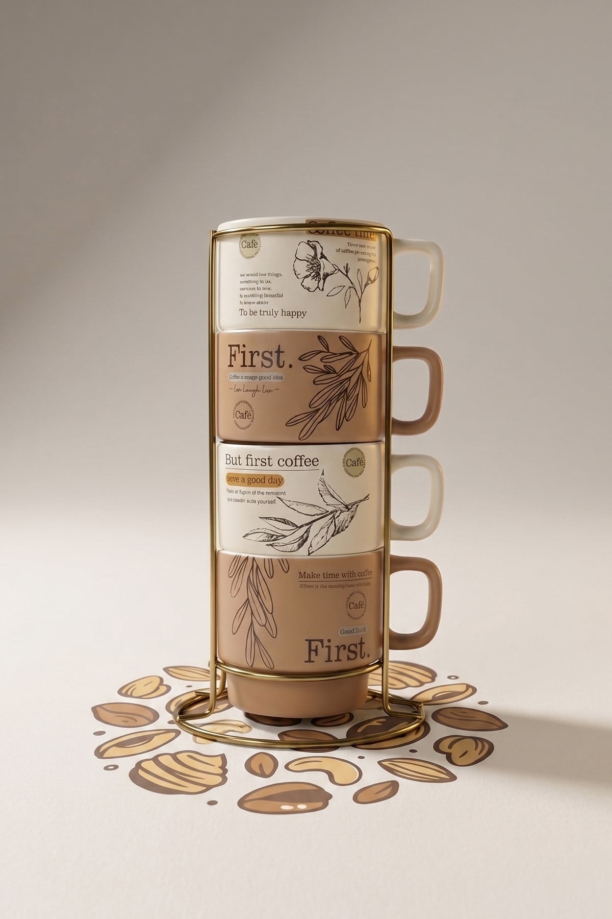 Bistro Metal Standlı 4 Adet Porselen Kupa Seti 200 ml Kahve Çay Fincanı Takımı