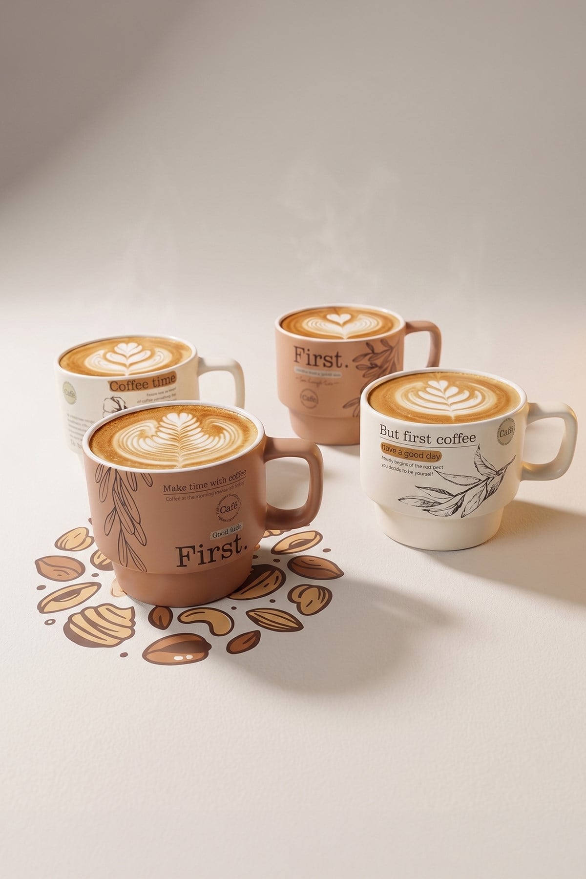 Bistro Metal Standlı 4 Adet Porselen Kupa Seti 200 ml Kahve Çay Fincanı Takımı