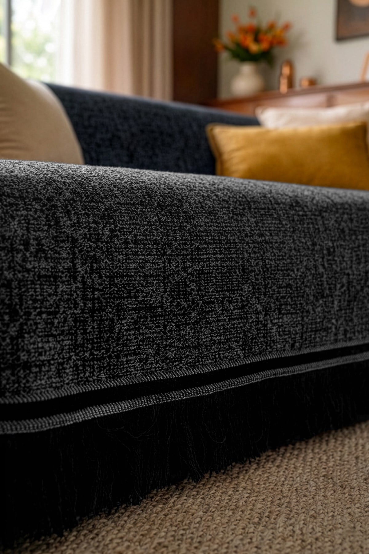 Çift Taraflı Pamuklu Kaymaz Koltuk Örtüsü 170X220cm - Antrasit Çok Amaçlı Örtü Pike Koltuk Şalı