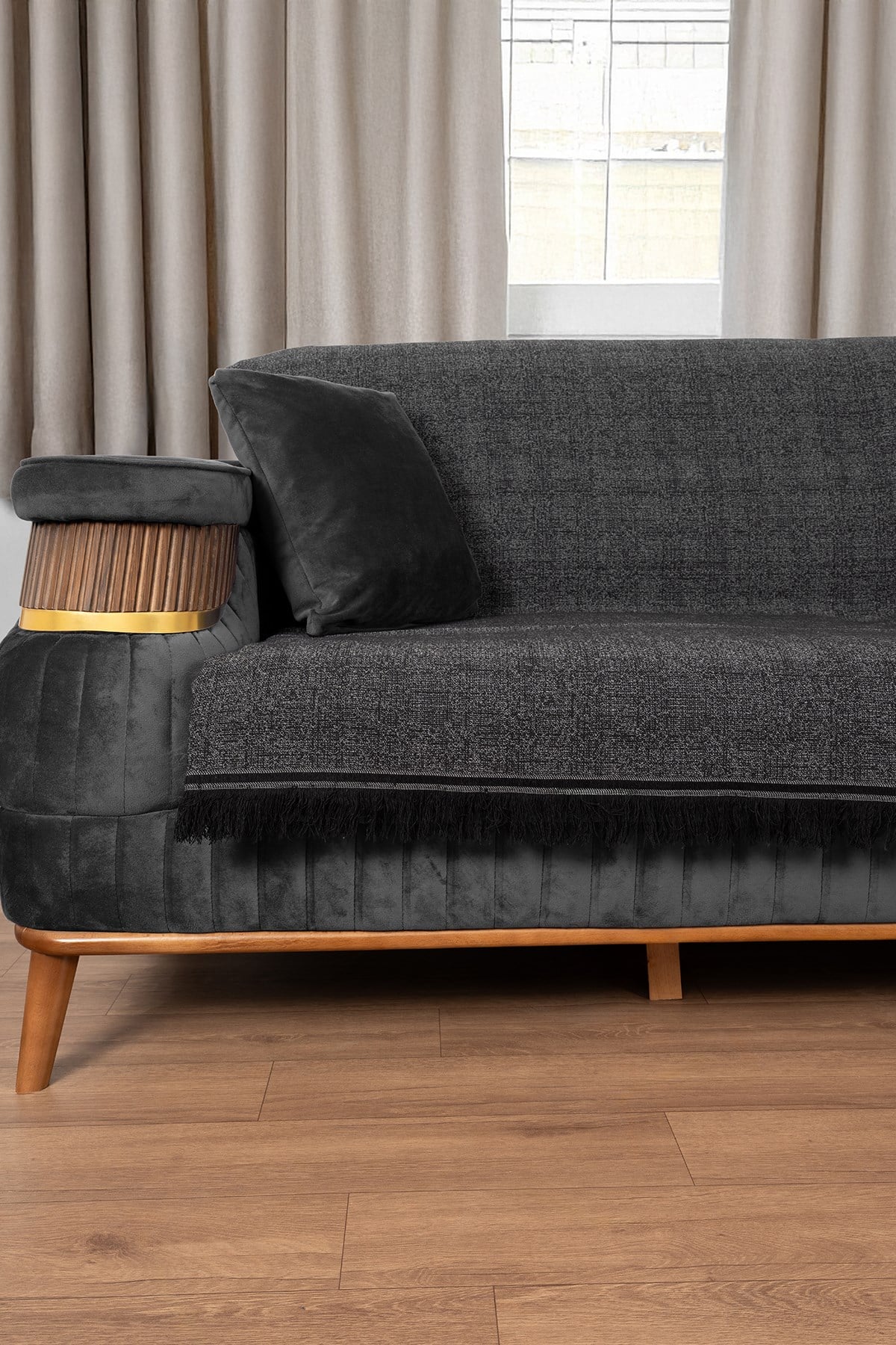 Çift Taraflı Pamuklu Kaymaz Koltuk Örtüsü 170X220cm - Antrasit Çok Amaçlı Örtü Pike Koltuk Şalı