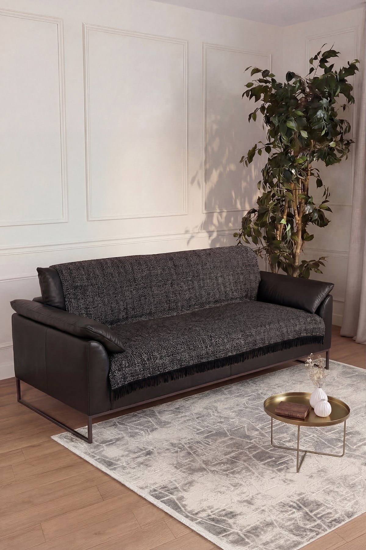 Çift Taraflı Pamuklu Kaymaz Koltuk Örtüsü 170X220cm - Antrasit Çok Amaçlı Örtü Pike Koltuk Şalı