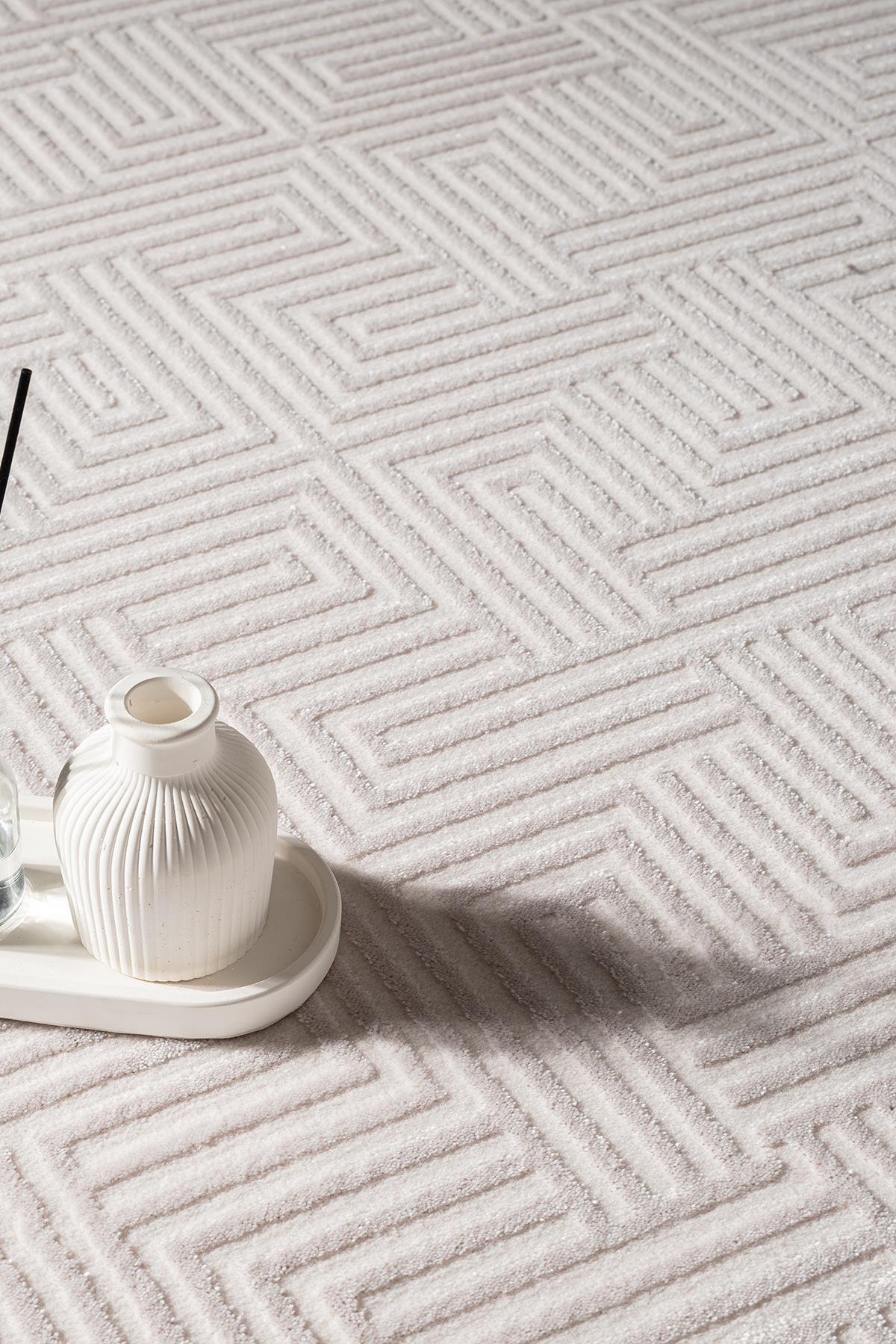Clay CT004A  Beyaz Halı Modern Desenli Triko Akrilik Pamuk Tabanlı Kaymaz Salon Oturma Odası Halısı