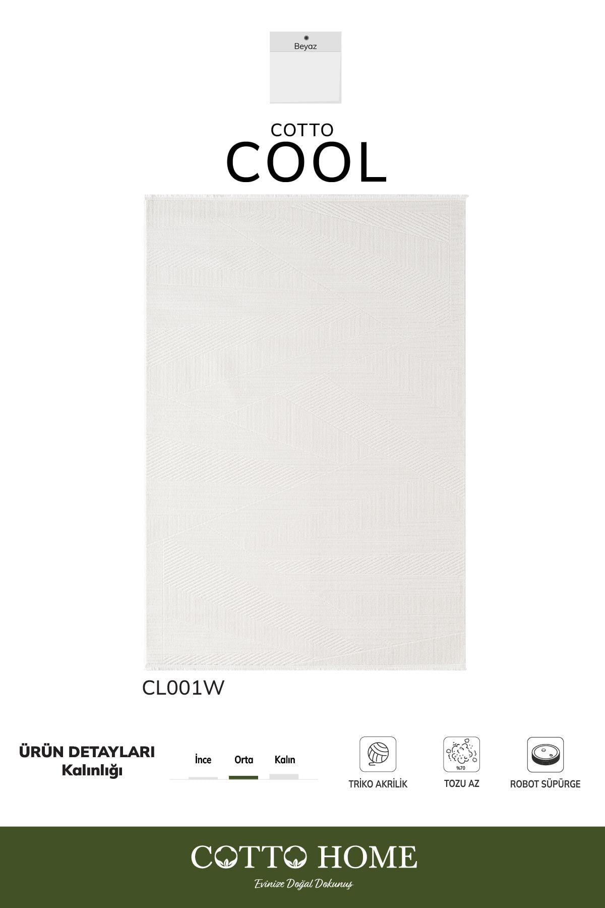 Cotto Cool CL001W Modern Desen Akrilik Beyaz Halı Pamuk Tabanlı