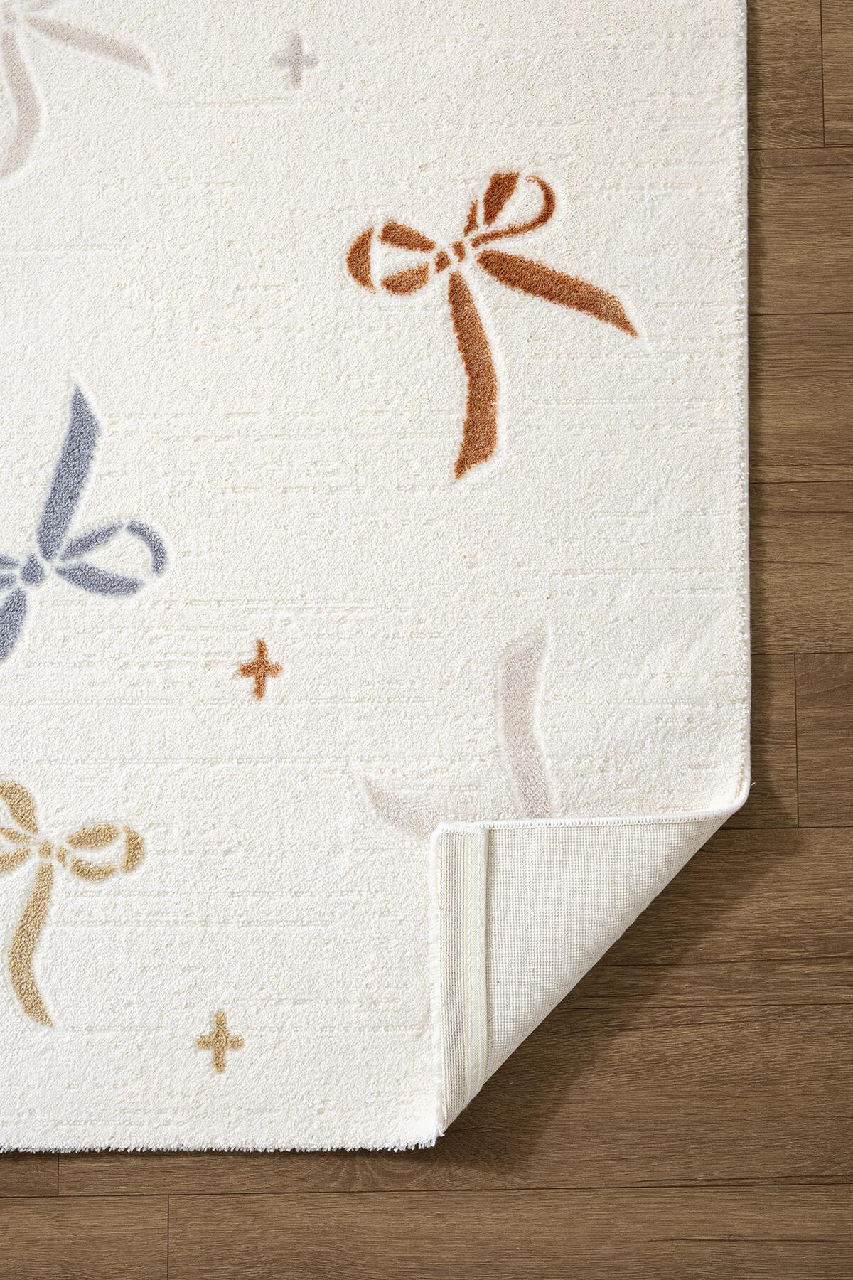 Cotto Kids CK002R Krem Halı Renkli Fiyonk Desen Kaymaz Taban