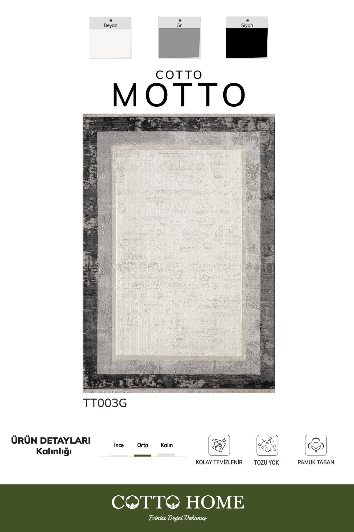 Cotto Motto TT003G Gri Halı Klasik Çerçeveli Desen Pamuk Taban