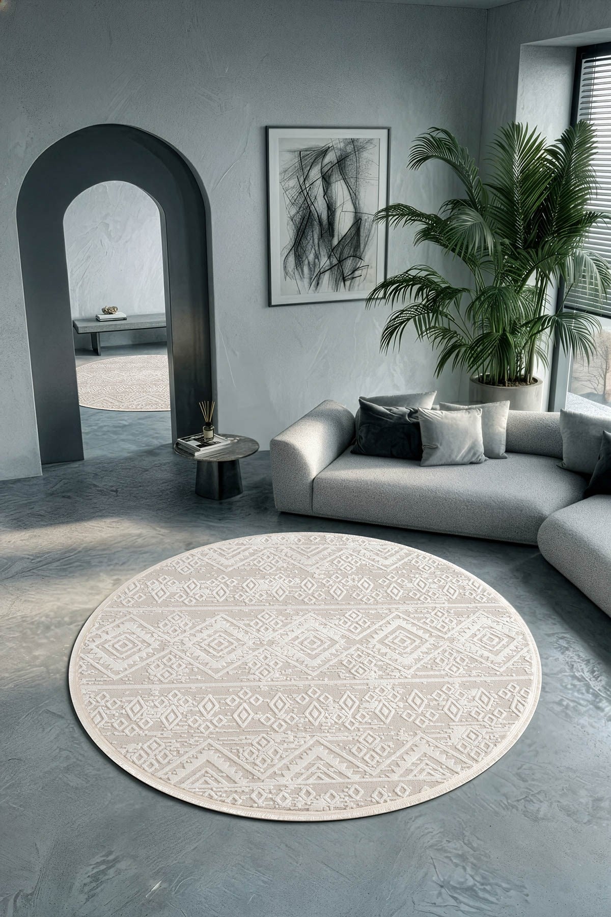 Cotto Motto TT008W Yuvarlak Krem Beyaz Halı Geometrik Desen Pamuk Taban Yıkanabilir Salon Mutfak